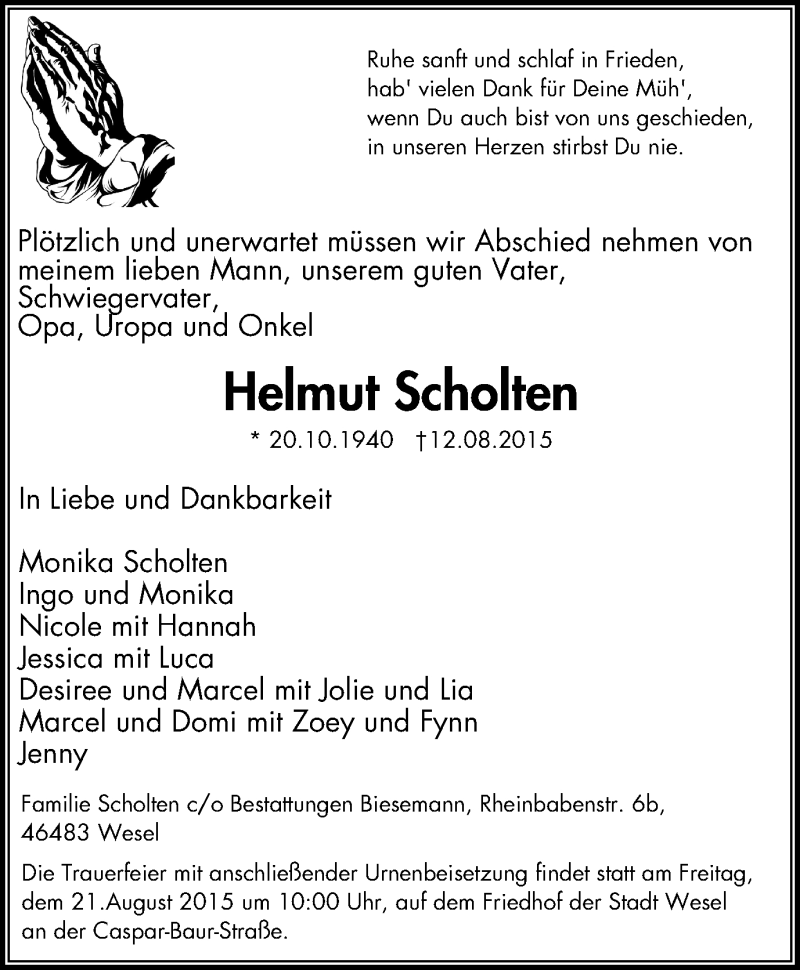  Traueranzeige für Helmut Scholten vom 19.08.2015 aus Der Weseler + Der Xantener