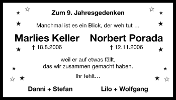 Traueranzeige von Marlies Keller und Norbert Porada  von Stadtanz.Castrop-Rauxel