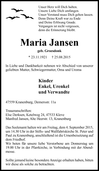 Traueranzeige von Maria Jansen von Klever Wochenblatt