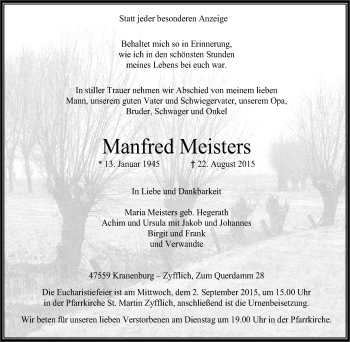 Traueranzeige von Manfred Meisters von Klever Wochenblatt