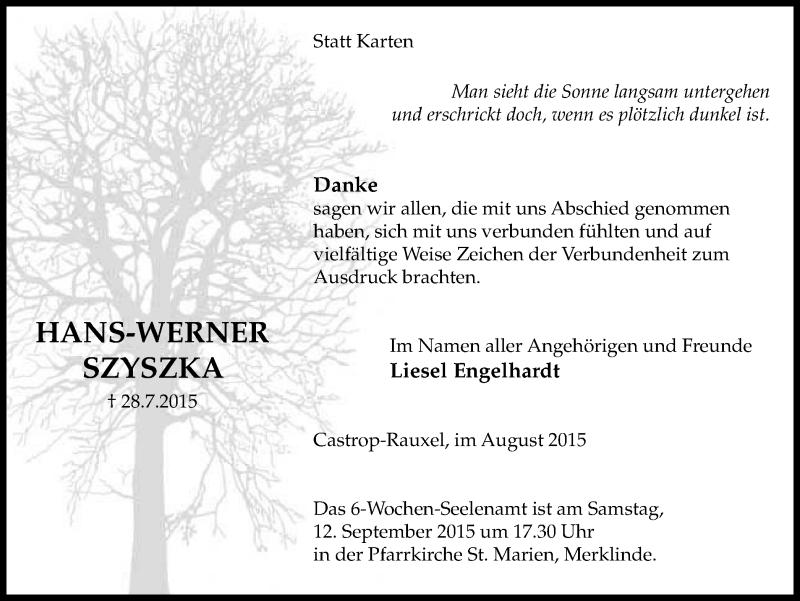  Traueranzeige für Hans-Werner Szyszka vom 09.09.2015 aus Stadtanz.Castrop-Rauxel