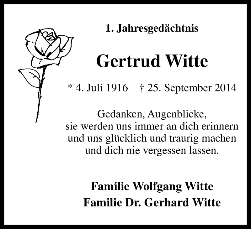  Traueranzeige für Gertrud Witte vom 26.09.2015 aus Stadtspiegel Bottrop