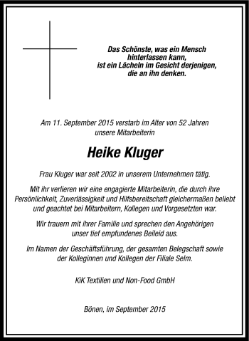 Traueranzeige von Heike Kluger von Lüner Anzeiger