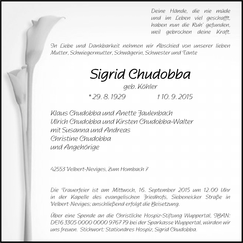  Traueranzeige für Sigrid Chudobba vom 12.09.2015 aus Stadtanzeiger Velbert + Heiligenhaus
