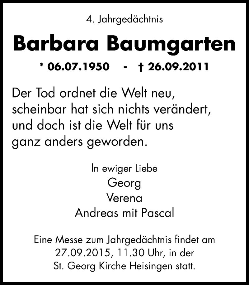  Traueranzeige für Barbara Baumgarten vom 26.09.2015 aus Ruhr Kurier