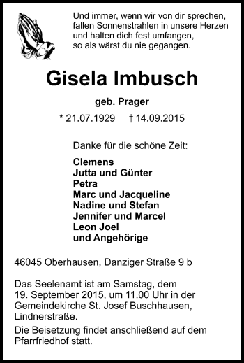 Traueranzeige von Gisela Imbusch von Wochen-Anzeiger Oberhausen