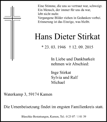 Traueranzeige von Hans Dieter Stirkat von Stadtspiegel Kamen + Unna
