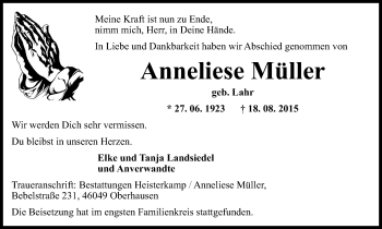 Traueranzeige von Anneliese Müller von Wochen-Anzeiger Oberhausen