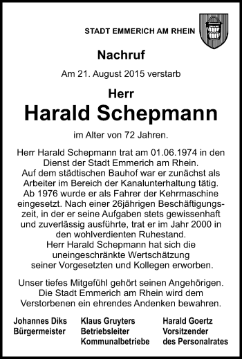 Traueranzeige von Harald Schepmann von Stadtanzeiger Emmerich/Rees/Isselburg