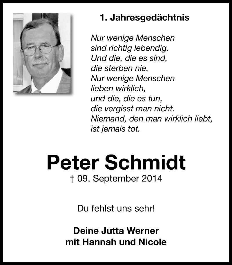  Traueranzeige für Peter Schmidt vom 09.09.2015 aus Stadtspiegel Gladbeck