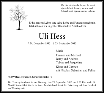 Traueranzeige von Uli Hess von Stadtanzeiger Emmerich/Rees/Isselburg