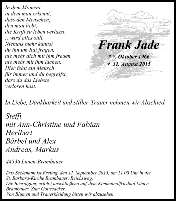 Traueranzeige von Frank Jade von Lüner Anzeiger