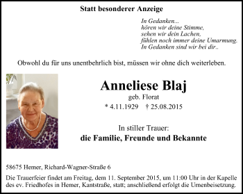 Traueranzeige von Anneliese Blaj von Stadtspiegel Iserlohn + Hemer