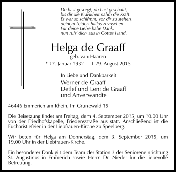 Traueranzeige von Helga de Graaff von Stadtanzeiger Emmerich/Rees/Isselburg