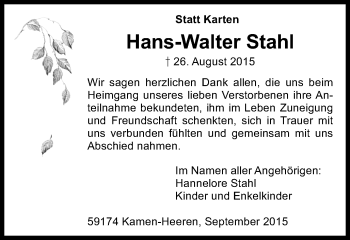 Traueranzeige von Hans-Walter Stahl von Stadtspiegel Kamen + Unna