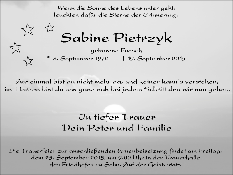  Traueranzeige für Sabine Pietrzyk vom 23.09.2015 aus Lüner Anzeiger