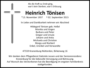 Traueranzeige von Heinrich Tönisen von Klever Wochenblatt