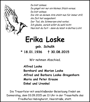 Traueranzeige von Erika Loske von Stadtanz.Castrop-Rauxel