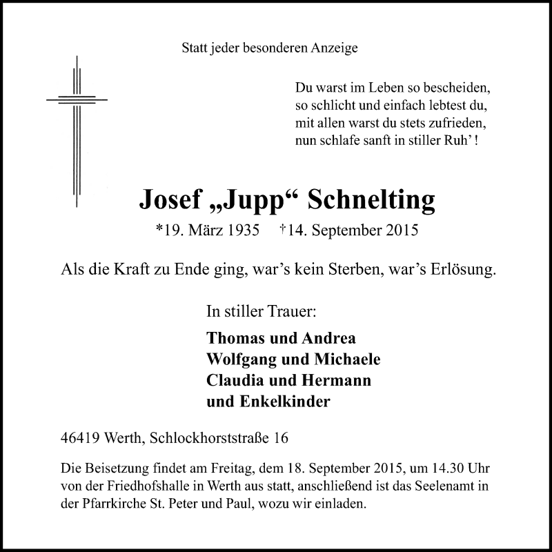  Traueranzeige für Josef Jupp Schnelting vom 16.09.2015 aus Stadtanzeiger Emmerich/Rees/Isselburg