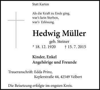 Traueranzeige von Hedwig Müller von Stadtanzeiger Velbert + Heiligenhaus
