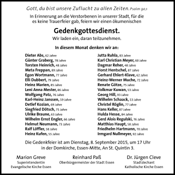 Traueranzeige von Gedenkgottesdienst im September von Stadtspiegel Essen