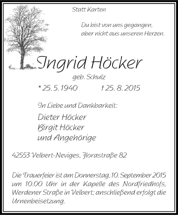 Traueranzeige von Ingrid Höcker von Stadtanzeiger Velbert + Heiligenhaus