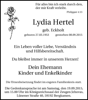 Traueranzeige von Lydia Hertel von Lüner Anzeiger
