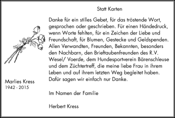 Traueranzeige von Marlies Kress von Der Weseler + Der Xantener