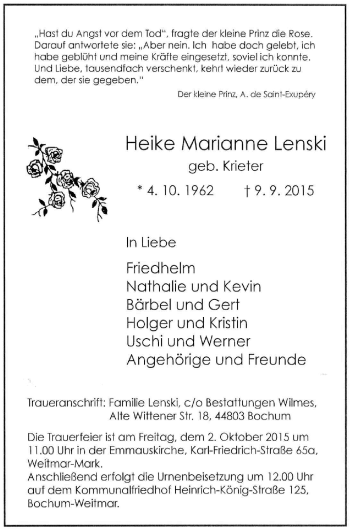 Traueranzeige von Heike Marianne Lenski von Stadtspiegel Bochum