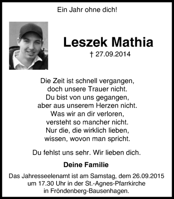 Traueranzeige von Leszek Mathia von Stadtspiegel Menden + Froendenberg