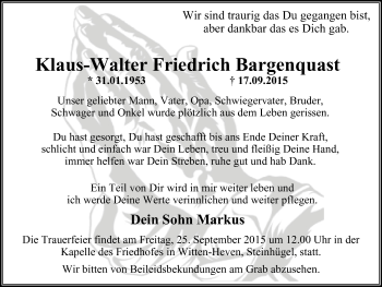 Traueranzeige von Klaus-Walter Friedrich Bargenquast von Witten aktuell