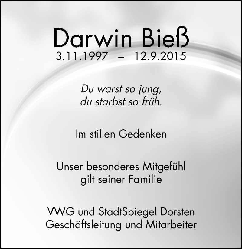  Traueranzeige für Darwin Bieß vom 16.09.2015 aus Stadtspiegel Haltern + Dorsten