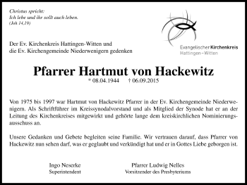 Traueranzeige von Hartmut von Hackewitz von Stadtspiegel Hattingen/Niedersprockhövel