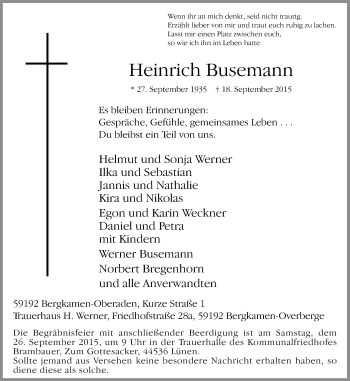 Traueranzeige von Heinrich Busemann von Lüner Anzeiger