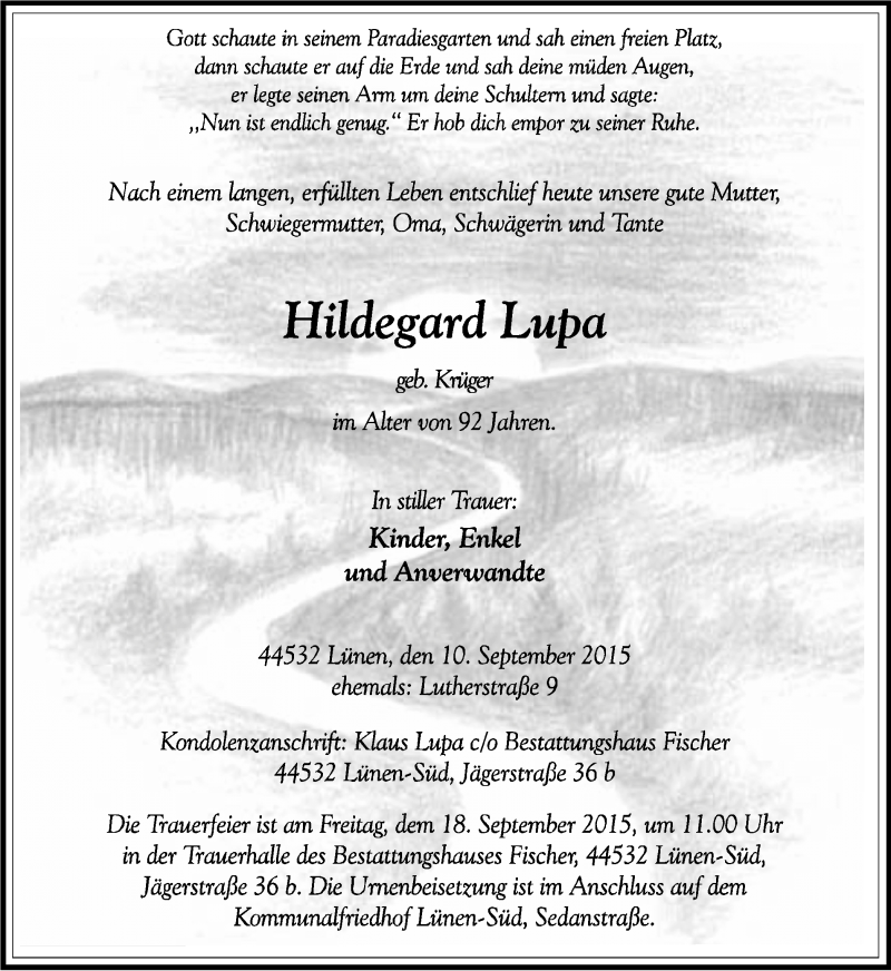  Traueranzeige für Hildegard Lupa vom 12.09.2015 aus Lüner Anzeiger