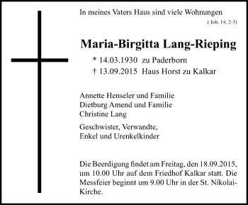 Traueranzeige von Maria-Birgitta Lang-Rieping von Klever Wochenblatt