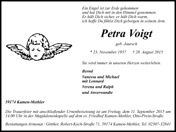 Traueranzeige von Petra Voigt von Stadtspiegel Kamen + Unna