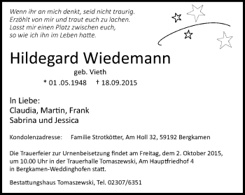 Traueranzeige von Hildegard Wiedemann von Stadtspiegel Kamen + Unna