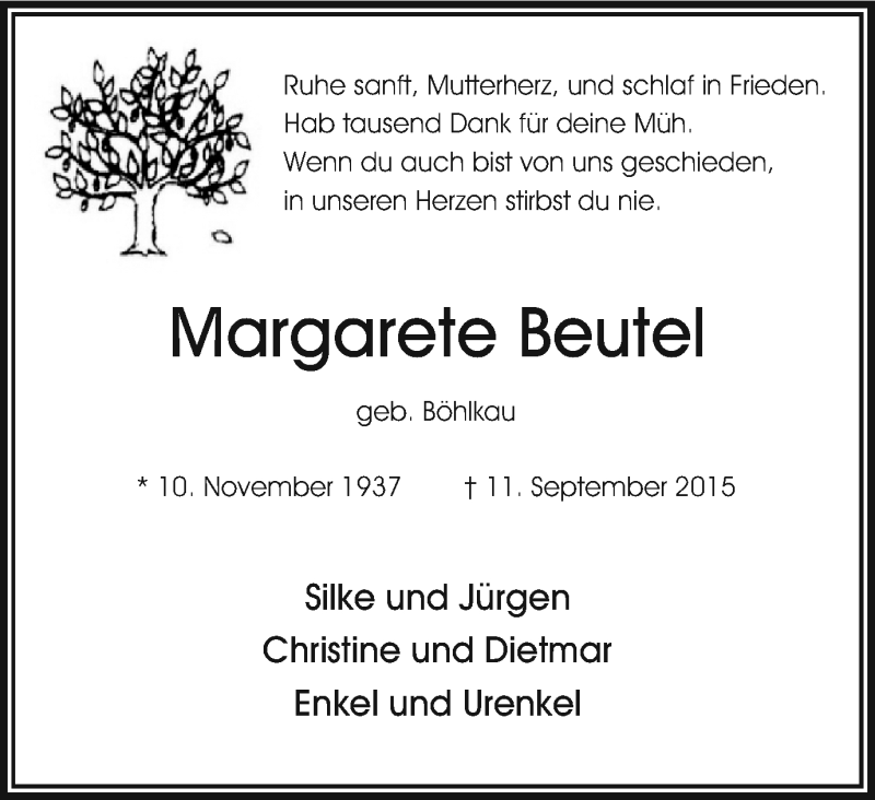 Traueranzeige für Margarete Beutel vom 26.09.2015 aus Stadtspiegel Bottrop