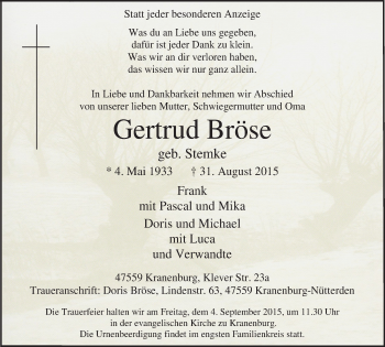 Traueranzeige von Gertrud Bröse von Klever Wochenblatt