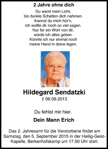 Traueranzeige von Hildegard Sendatzki von Stadtspiegel Menden + Froendenberg