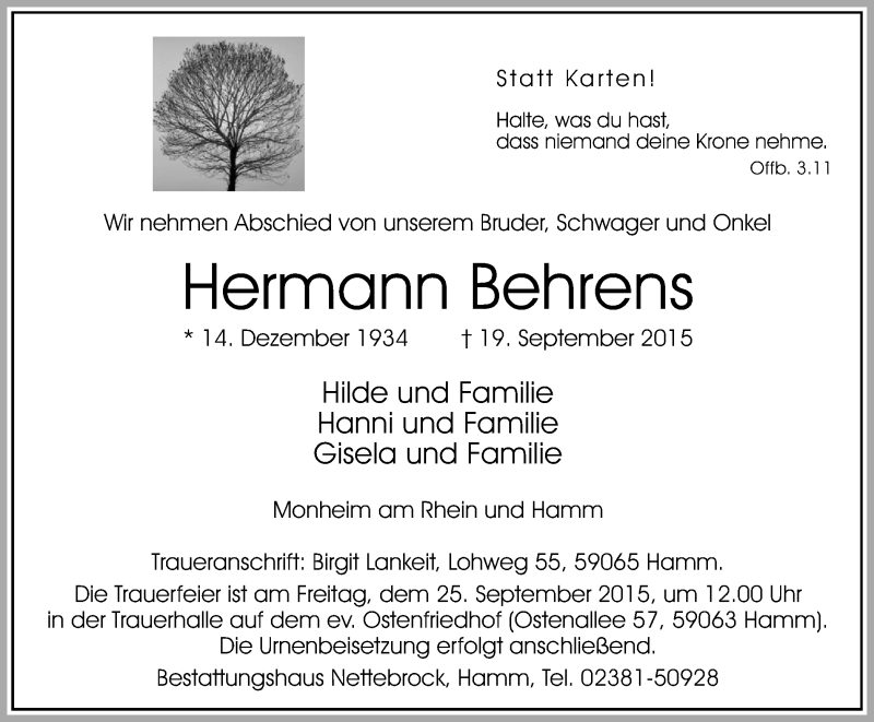  Traueranzeige für Hermann Behrens vom 23.09.2015 aus Wochen-Anzeiger Langenfeld/Monheim/Hilden
