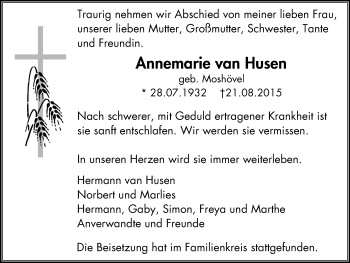 Traueranzeige von Annemarie van Husen von Der Weseler + Der Xantener