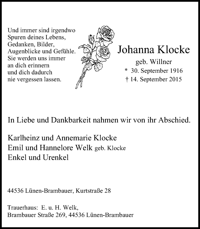  Traueranzeige für Johanna Klocke vom 19.09.2015 aus Lüner Anzeiger