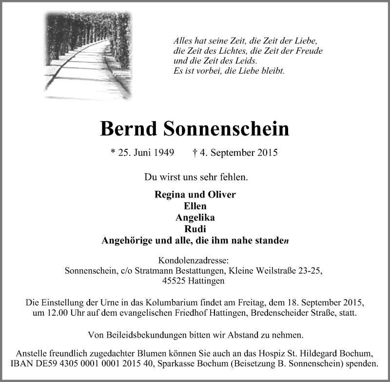  Traueranzeige für Bernd Sonnenschein vom 12.09.2015 aus Stadtspiegel Hattingen/Niedersprockhövel