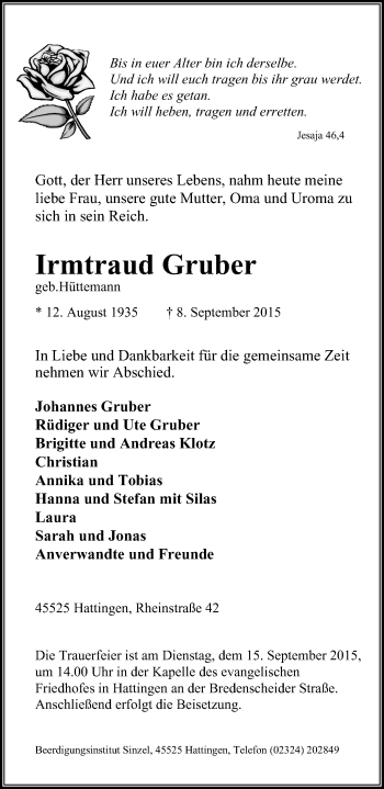 Traueranzeige von Irmtraud Gruber von Stadtspiegel Hattingen/Niedersprockhövel