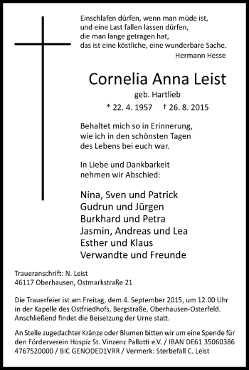 Traueranzeige von Cornelia Anna Leist von Wochen-Anzeiger Oberhausen