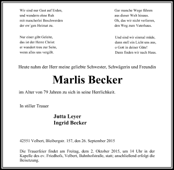 Traueranzeige von Marlis Becker von Stadtanzeiger Velbert + Heiligenhaus