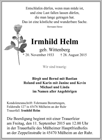 Traueranzeige von Irmhild Helm von Mülheimer Woche