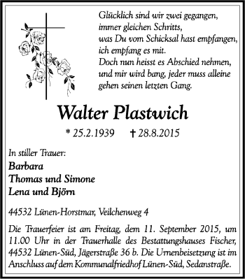 Traueranzeige von Walter Plastwich von Lüner Anzeiger